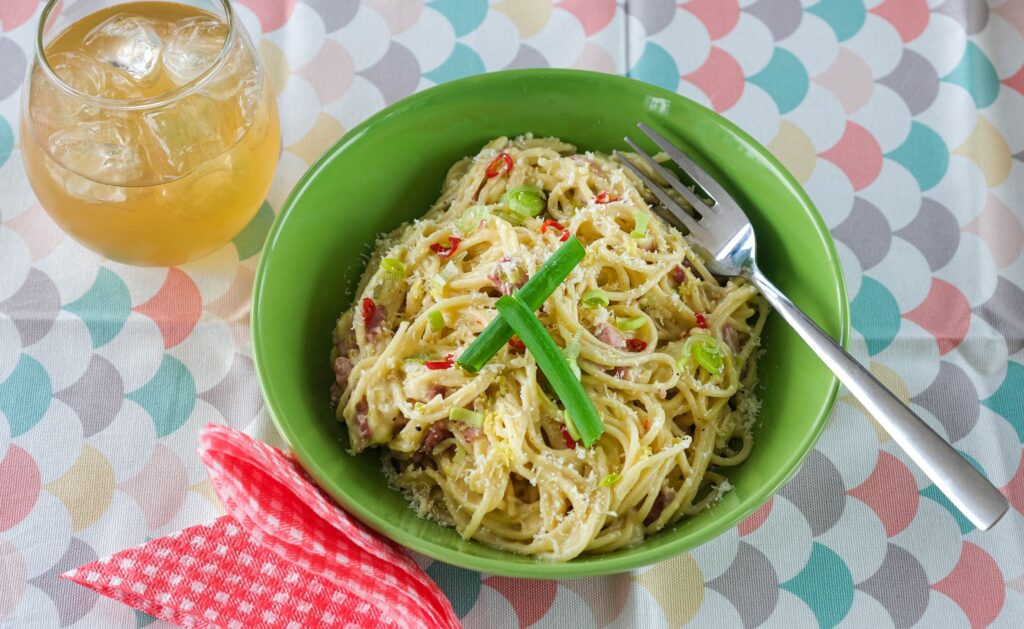 Bacon, leek, chili and lemon zest spaghetti