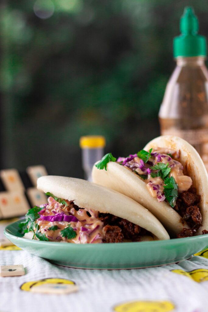 Lamb bao buns with sriracha mayo coleslaw 