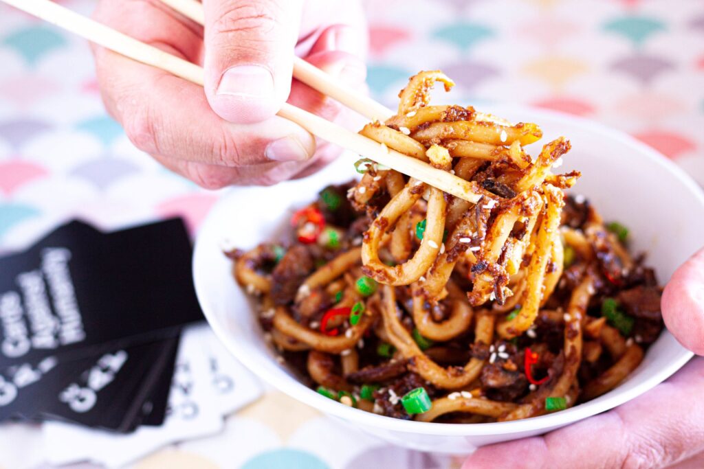 Quick Peanut Butter Udon noodles with mushrooms