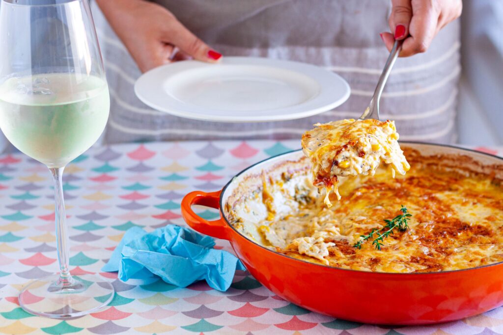 Creamy and cheesy sweetcorn potato gratin