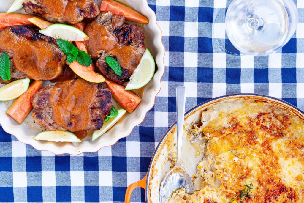 Pork steaks with papaya mint puree