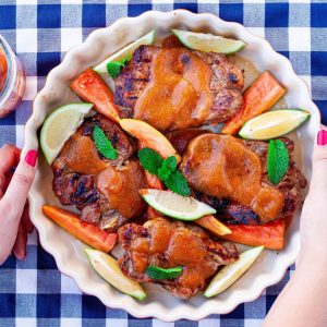 Pork steaks with papaya mint puree