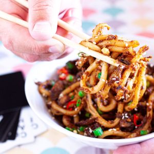 Quick Peanut Butter Udon noodles with mushrooms